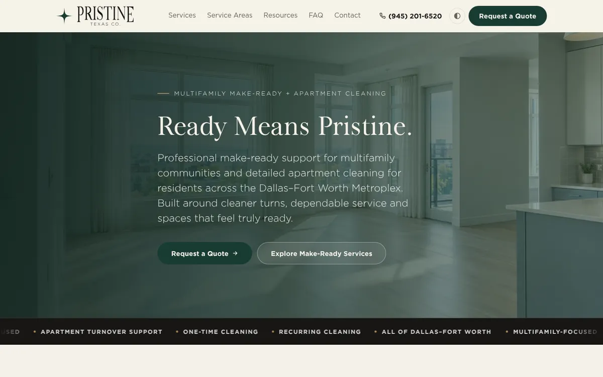 Pristine Texas Co. website homepage on desktop